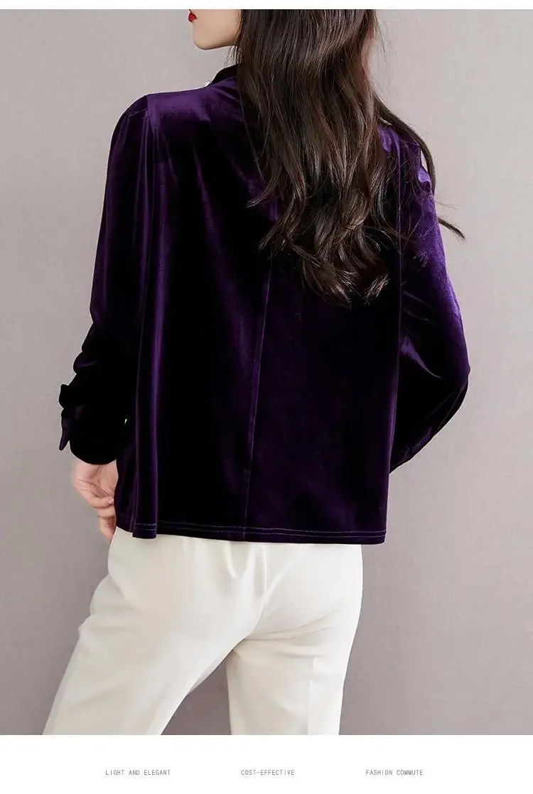 Women French Vintage Purple Elegant Chic Gold Velvet T Shirt Autumn Winter Fashion Ruffled O Neck Long Sleeve Pullover Tops B132