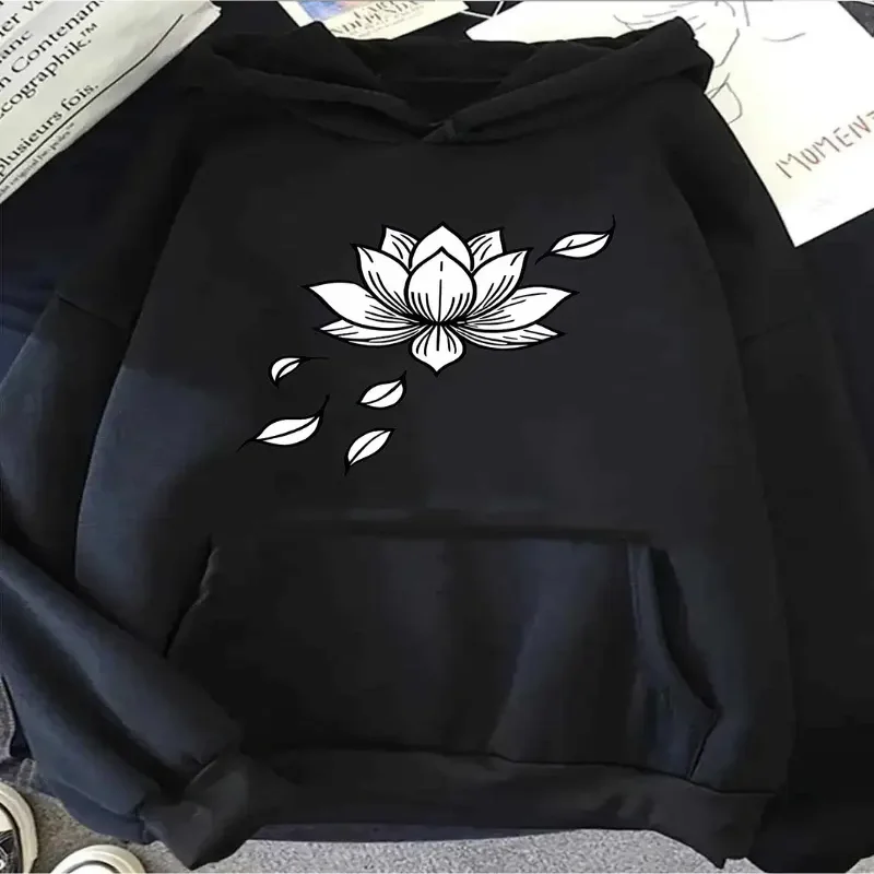 

Женская толстовка с капюшоном с принтом лотоса, минималистичный дизайн с рисунком линий, мягкий капюшон, карман-кенгуру, осенне-зимний сезон, повседневный пуловер