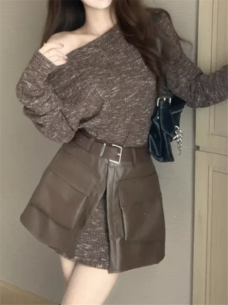 

Black Coffee 2 Piece Sets 2026 New Spring Long Sleeve Off Shoulder Dress&High Waist Belted PU Leather Skirt Matching 2pc Suits