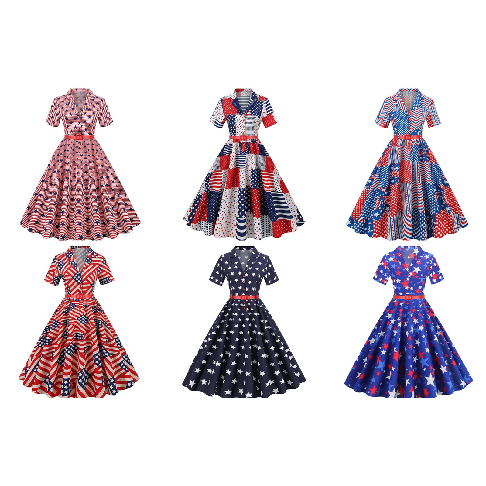 

American Flag Dress Women 4th Of July Printed High Waisted Retro Dress Star Flag Striped V-Neck Large Swing Midi Dress Halloween