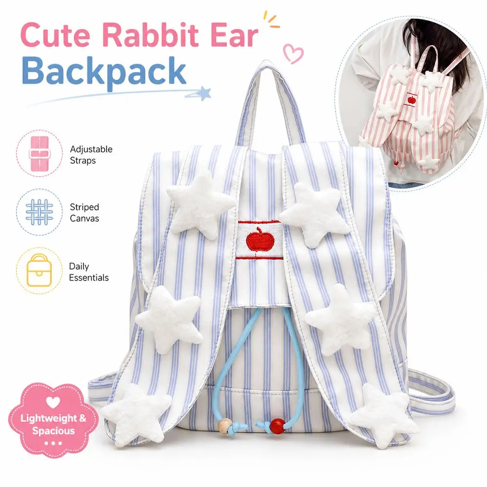 Canvas Backpack Rabbit Ear Backpack Striped Pattern Rabbit Ear Flap Bunny Backpack Canvas Front Patch Detail Striped Backpack