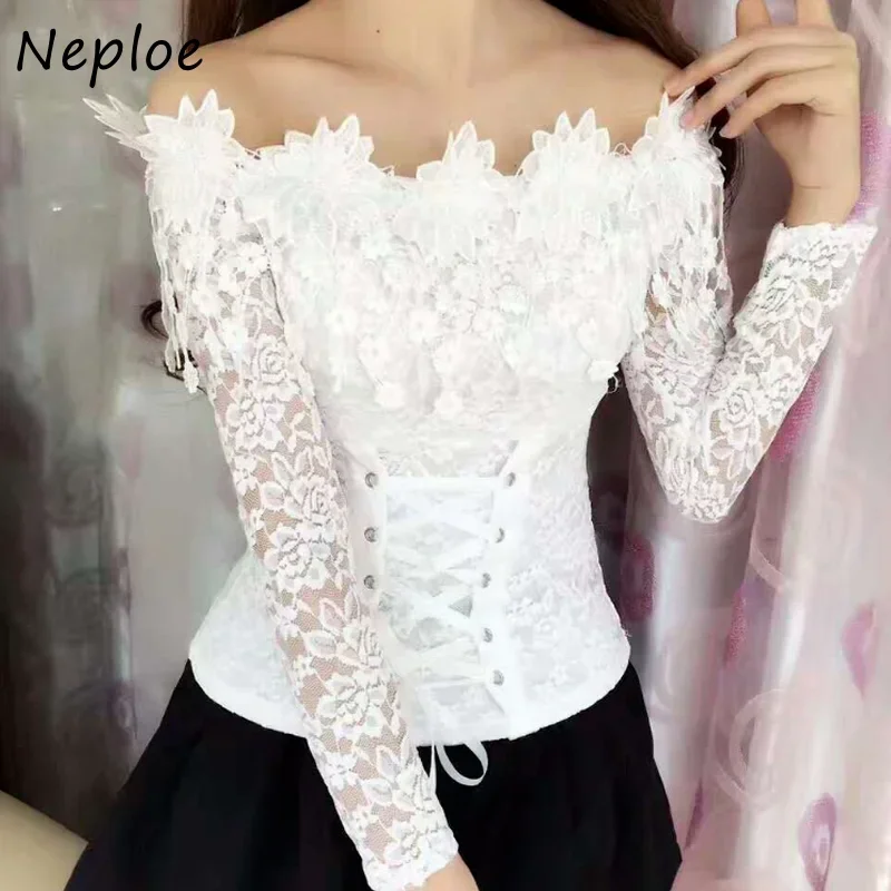 Neploe  Lace Hollow Out Blouse Korean Fashion Slash neck Slim Women Lacing Blusas Long Sleeve Elegant Shirts 67537