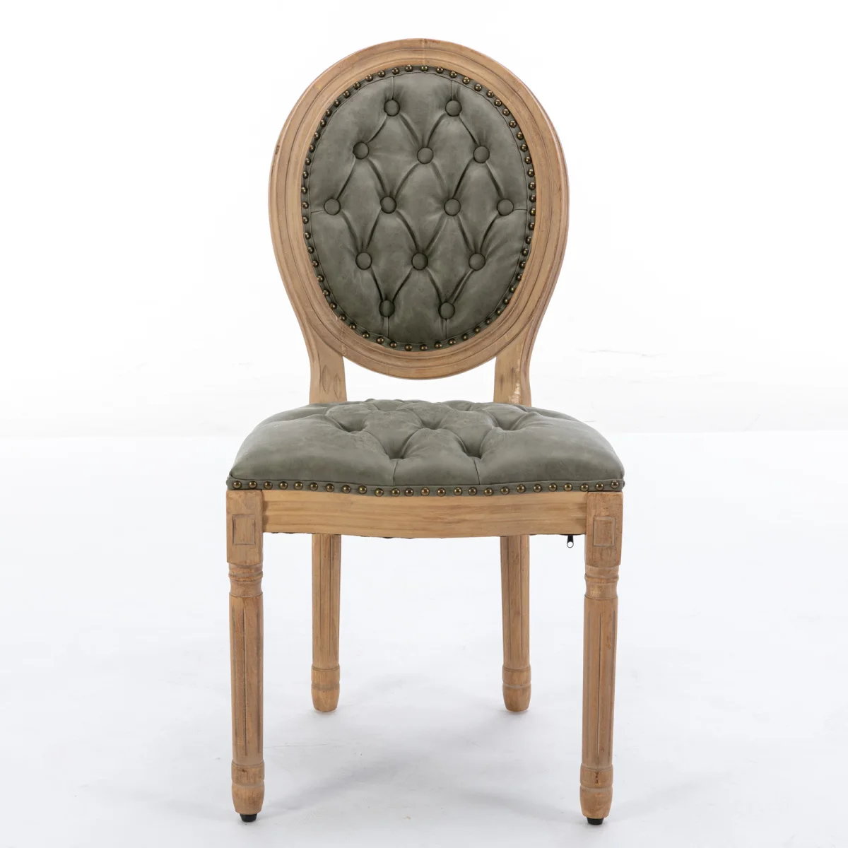 French Style Solid Wood Frame Antique Painting,Hand-pulled buckle decoration PU artificial leather Dining Chair with Nailhead Trim ,Wood Legs,Set of 2,White Pine Green,SW1839WP