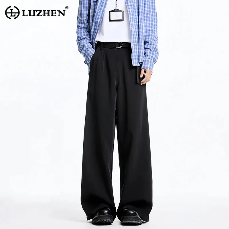 LUZHEN 2026 Winter New Thickened Fleece Liner Loose Wide Leg Trousers Men's Stylish Elegant Solid Color Male Casual Pants JY9381