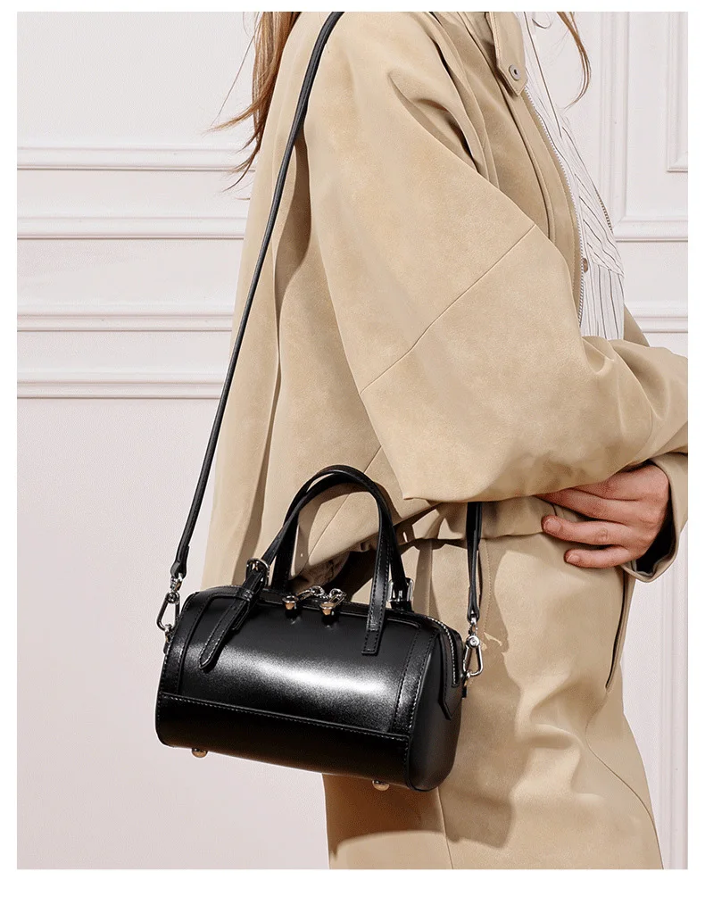 Aidrani Women Genuine Cowhide Cylinder Handbag, Retro Top Handle Satchel, Removable Strap Daily Crossbody Shoulder Purse
