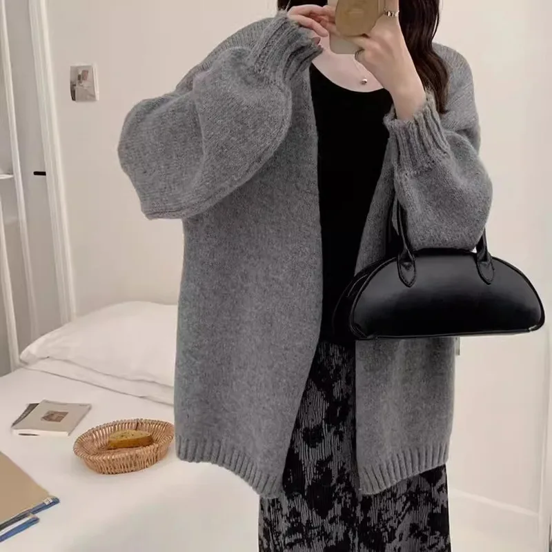 

Однотонный простой вязаный кардиган без пуговиц, Осень-зима 2024, новая Корейская версия, Повседневный свитер в ленивом стиле, Женское пальто