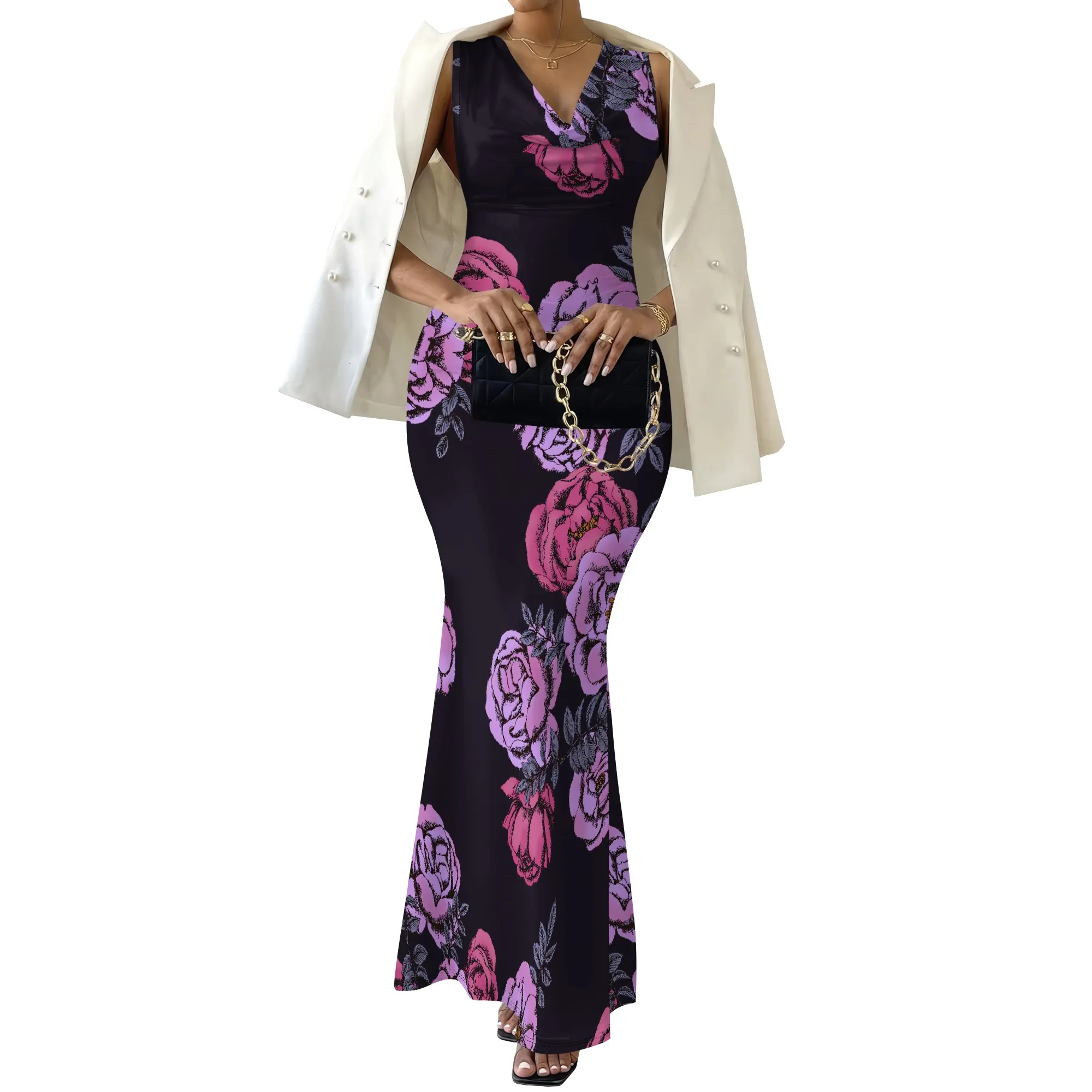 Damska sukienka maxi bez rękawów z dekoltem w szpic, czarna z różowo-fioletowym kwiatowym nadrukiem, elegancka suknia wieczorowa