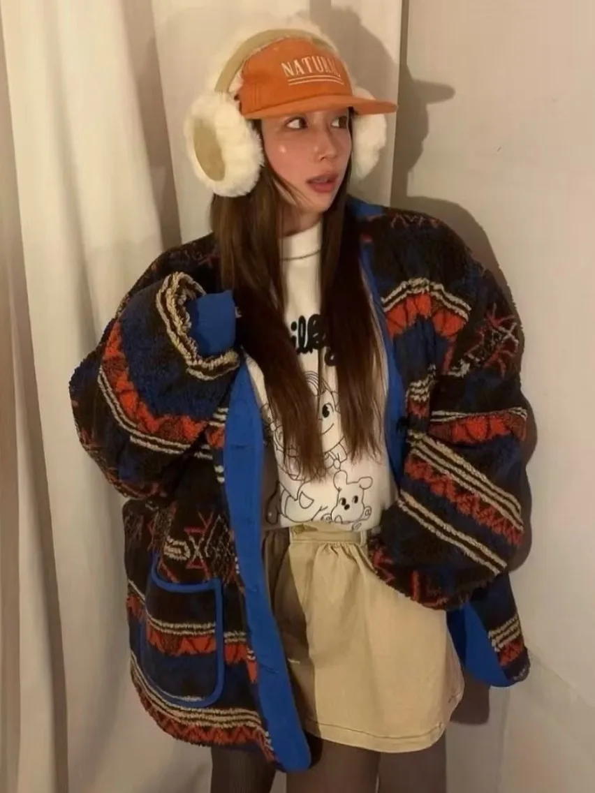 

Lamb Fur Cotton Jacket Women Loose Autumn Winter Warm Pocket Geometry Patterned Mixed Stripe Geometric Print Lamb Fur Coat