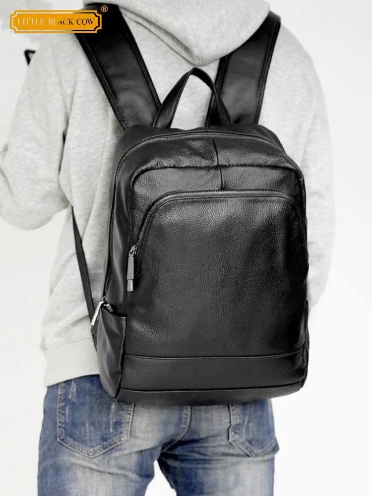 Mens Black Backpack Large Capacity Casual Genuine Leather Bag Zip Solid Color Soft Cowhide Travel School Laptop Backpacks Male