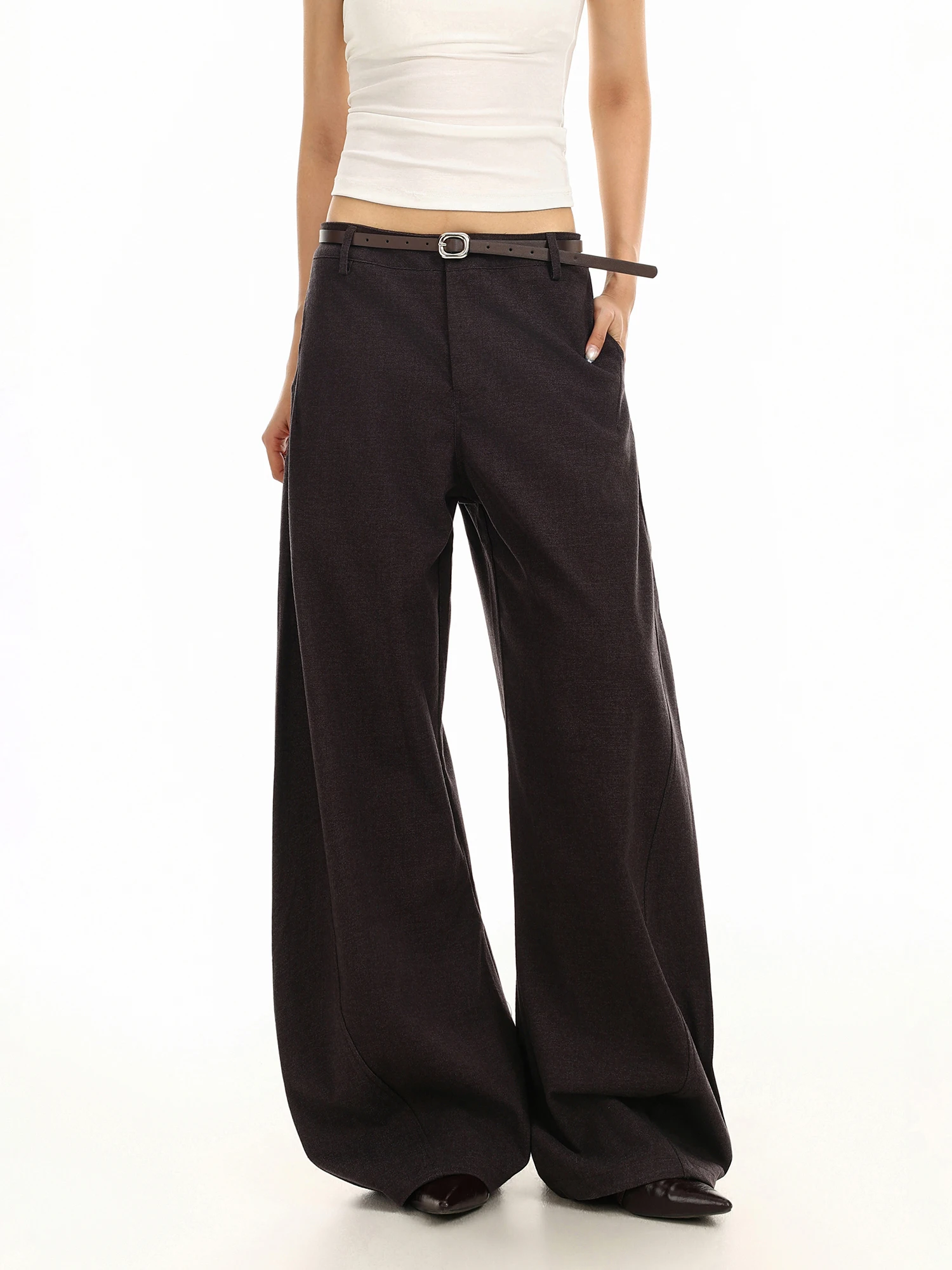 Biggold Women's High Waist Draped Wide Leg Pants Spring Autumn Season Casual Style Arc Design Floor Length Suit Pants