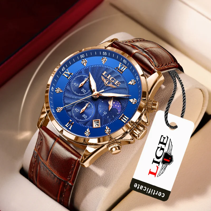 LIGE New Fashion Man Watch Luxury Leather Strap Sport Quartz Watches Men Waterproof Moon Phase Date Mens Watch Chronograph Clock