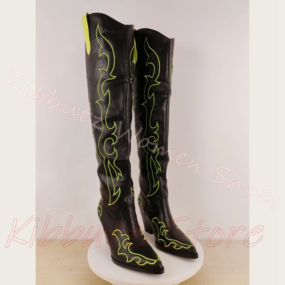 Embroidery Western Cowboy Boots Knee High Women Pointed Toe Block Heel Retro Cowgirl Street Fashion Footwear Slip-On Leather New