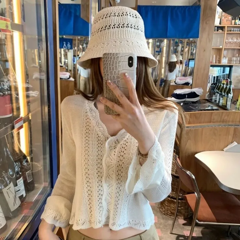 Womens Hollow Knit Cardigan Summer Thin Sun Protection Loose Gentle Cropped Cover Up Casual Tops