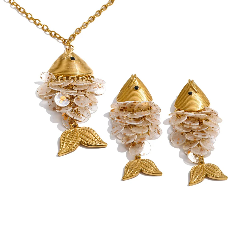 Yhpup Ocean Style Colorful Shell Fish Drop Necklace Earrings Set Stainless Steel Exclusive Handmade Gold Color Jewelry image 3