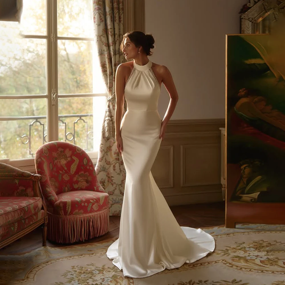 

Роскошное свадебное платье с бретелькой на шее, свадебное платье русалки, свадебные платья по индивидуальному заказу, вечерние платья с открытой спиной, robe de mariée