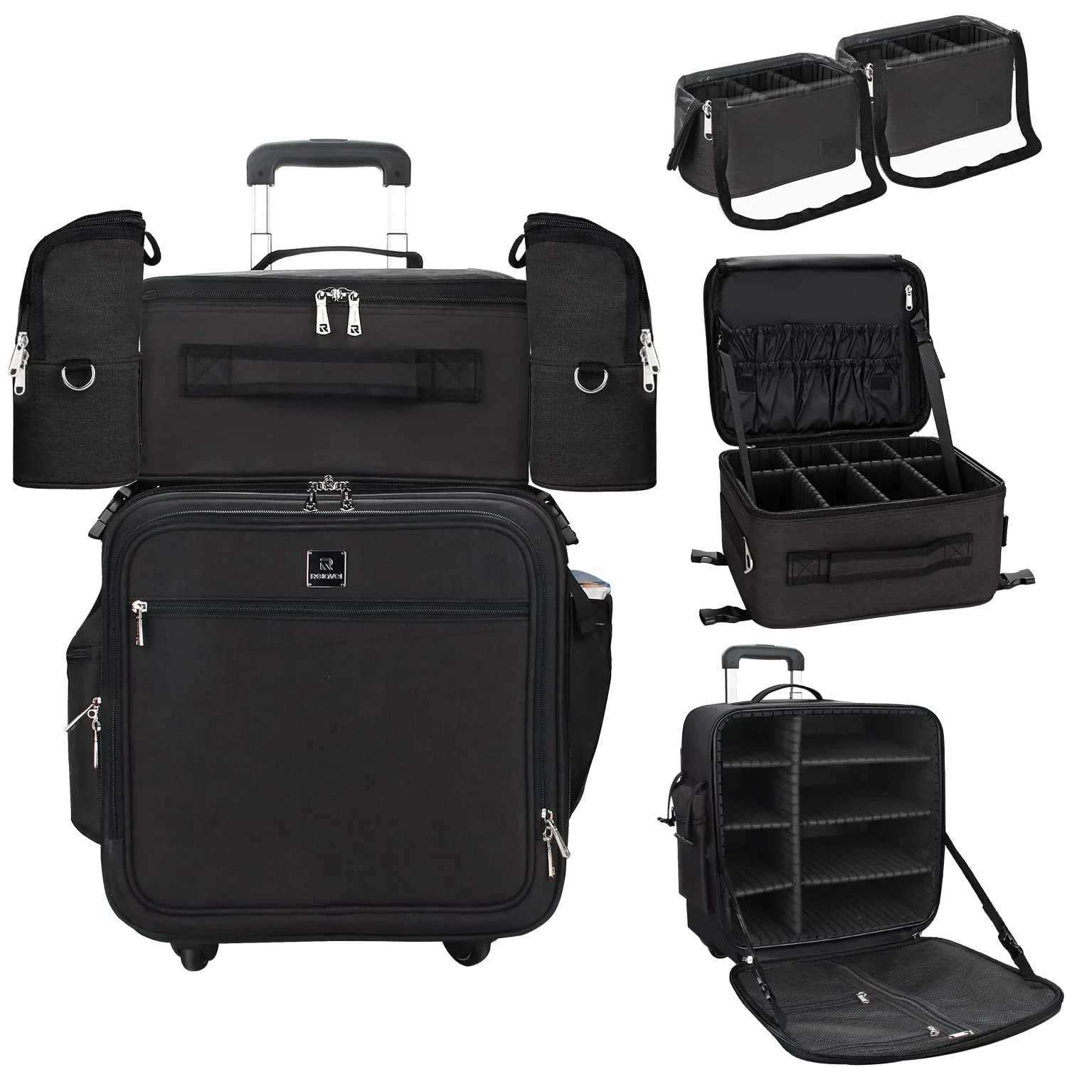 -for Relavel Professional Rolling Black Nylon Cosmetic Cases 4 In 1 Makeup Train Case Travel Cosmetic Bags For Makeup Artist view 2