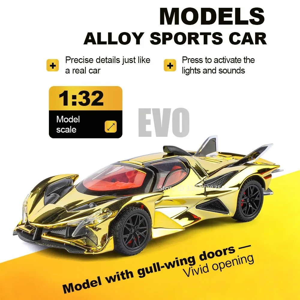 

1:32 Scale EVO Miniature Model Supercar Toys Alloy Diecast Doors Opened Pull Back Sound Light Simulation Interior for Kids Gifts
