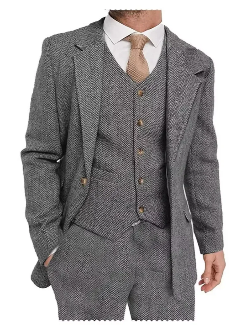 3 PiecesMen Brown Herringbone Suit Formal Business Tweed Groom Tuxedo for Men Business/Wedding Men\'s Suit Jacket Vest Pants Set