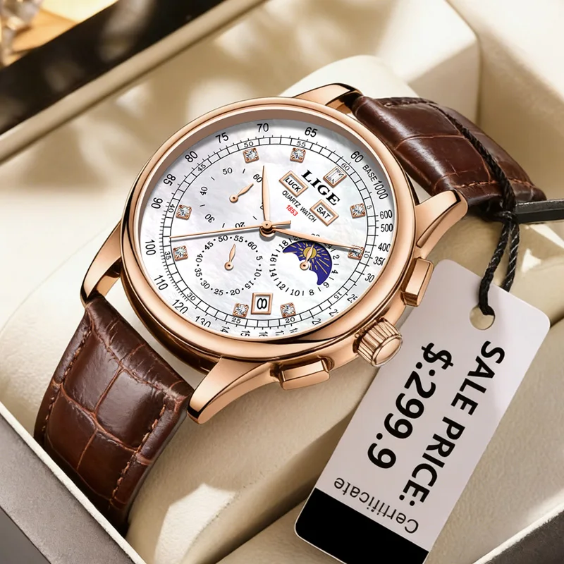 Neue Herrenuhren LIGE Top-Marke Luxus Leder Casual Quarzuhr Herren Sport Wasserdichte Armbanduhr Relogio Masculino+Box