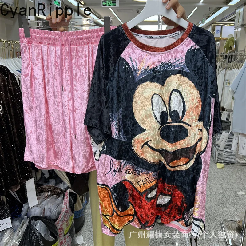 

American Retro New Summer Women Two-piece Set Mickey Printed Loose Short Sleeve T-shirt Top+Elastic Waist Wide Leg Casual Pants