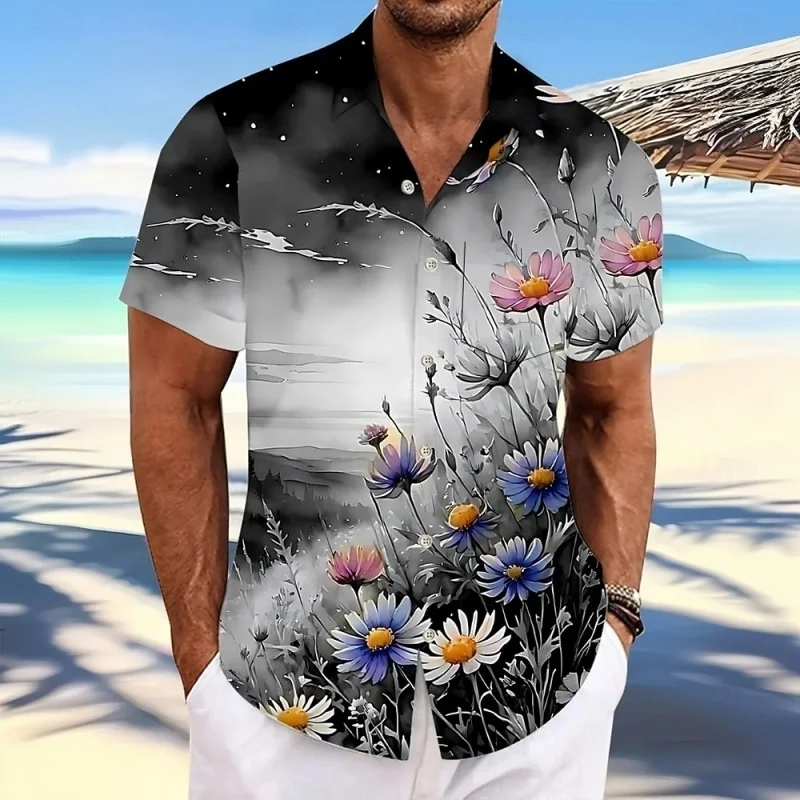 

Гавайская рубашка с градиентным цветочным узором для мужчин, красочная рубашка с 3D-принтом, с короткими рукавами, летняя уличная блузка, пляжная одежда для серфинга, рубашки в стиле алоха