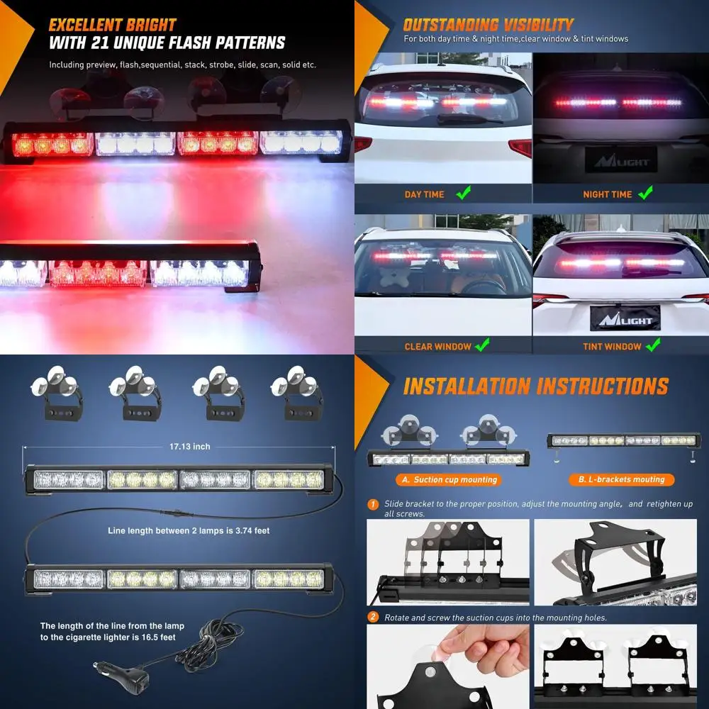 

Emergency Strobe Light Bar, 17, 32 LED, 23 Flash Patterns, Directional Safety Warning Lights with Cigarette Lighter for Trucks,