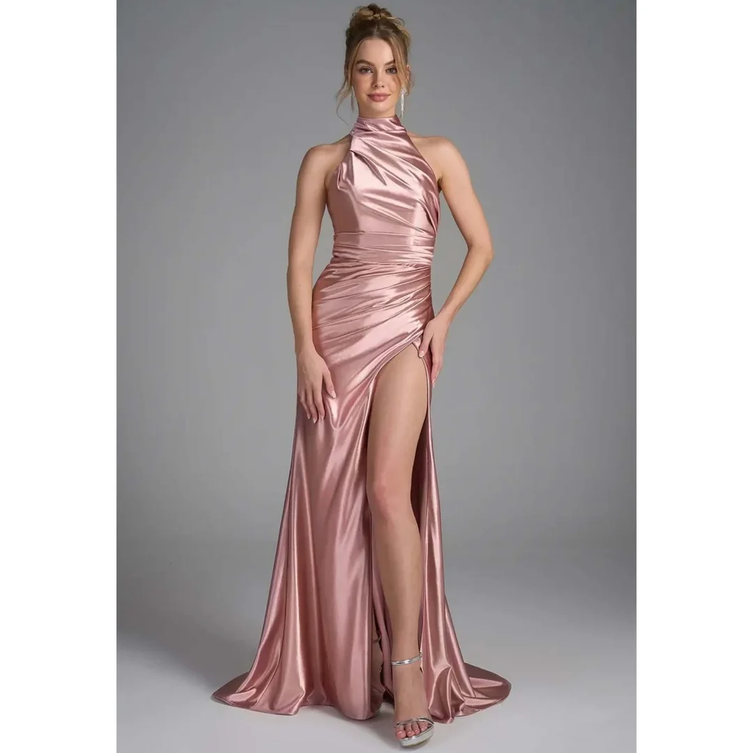 

Satin High-neck Cocktail Dresses Elegant Sleeveless Pleats Gorgeous Prom Party Dress Sexy Plain High Slit Long Evening Gowns