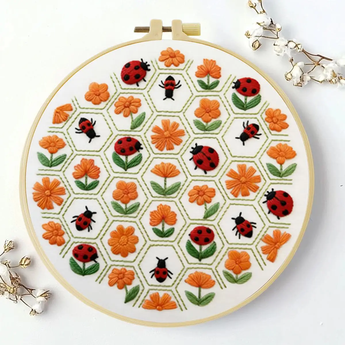 1 Stück 20X20CM/15X15CM 7,87/6,3 Zoll Blumen- und Marienkäfer-Stickerei-Starter-Kit DIY-Kit DIY-Stickerei-Set Handarbeiten – Detail 2