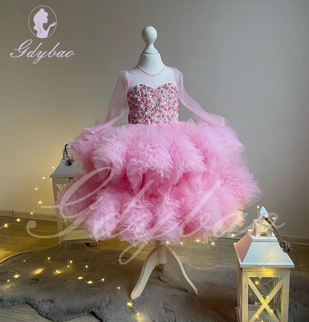 

Pink Tulle Flower Girl Dress For Wedding Long Sleeves Pearls With Bow Baby Kids Birthday First Communion Princess Ball Gowns