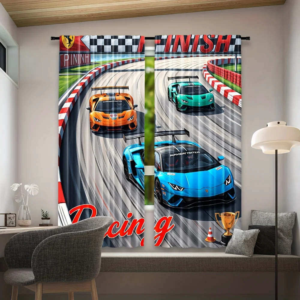 Sports Super Racing Car Curtain 2 Panels Race Track Checkered Finish Line Background Master Bedroom Curtain Boy Racing Hobby