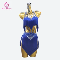2026 New Blue Latin Practice Clothes Dance Dress Fringed Skirt Women's Suit Girls Sports Costume Line Stage Samba Ballroom Party