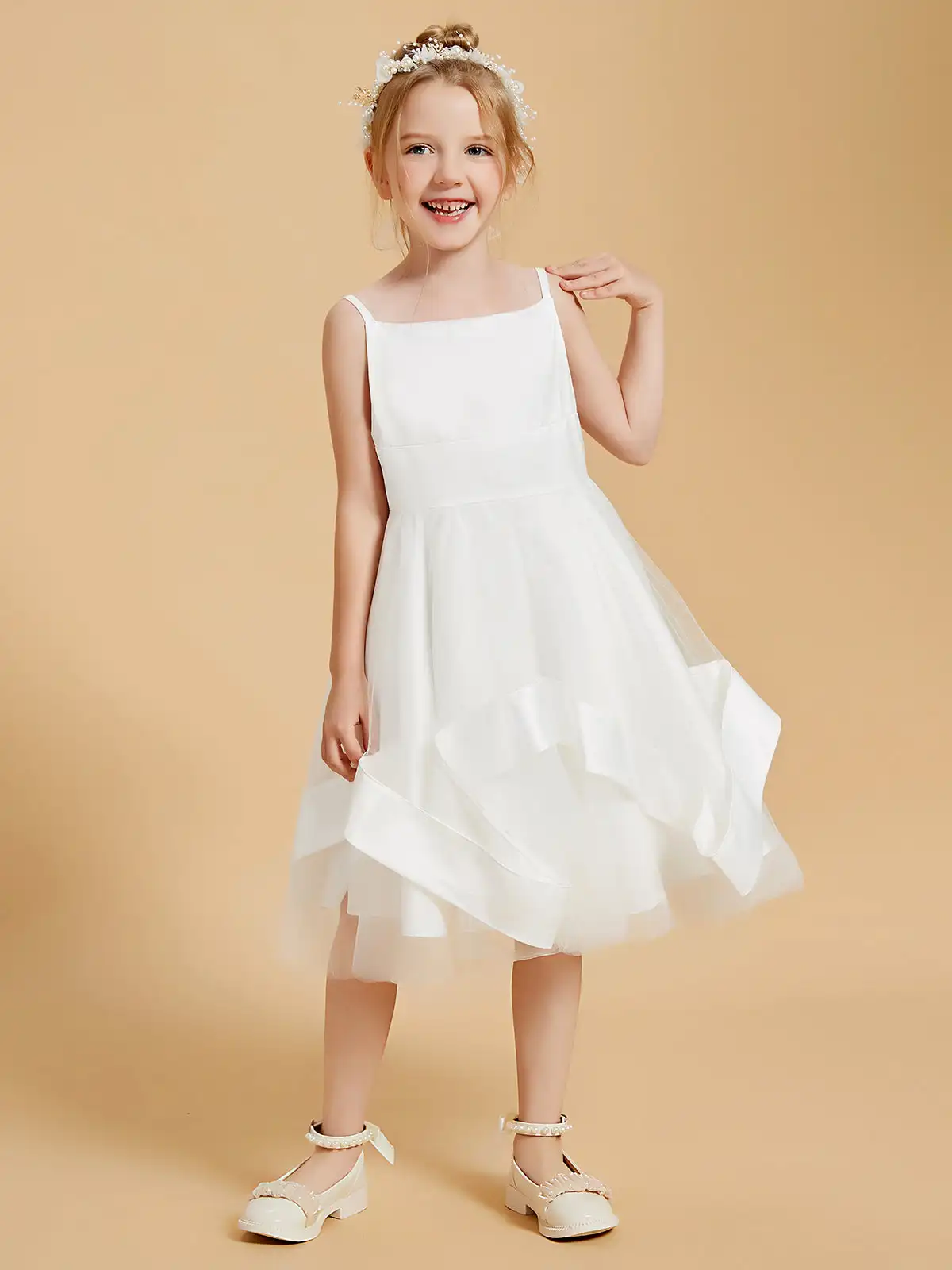 Lace Tulle Square Collar Flower Girl Dress With Sash A-Line Knee-Length Wedding Dresses Ruched Children Birthday Party Gowns