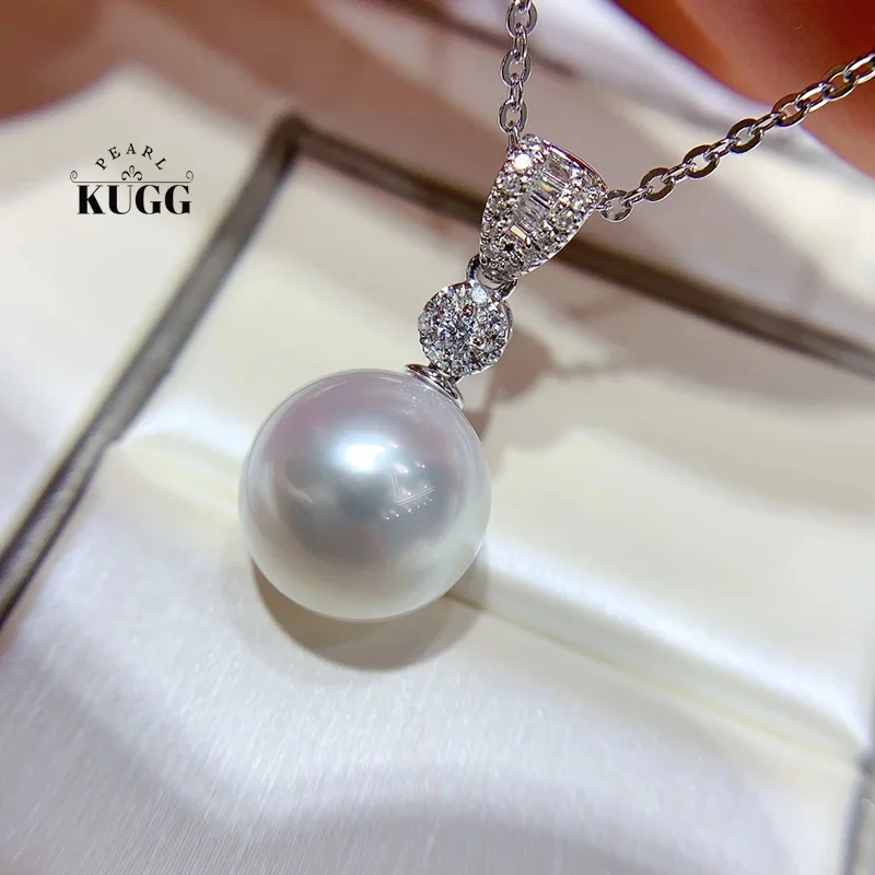KUGG PEARL 18K White Gold Pendant Shiny Diamond Luxury Style 11-12mm Natural Australian South Pearl Pendant High Women's Jewelry