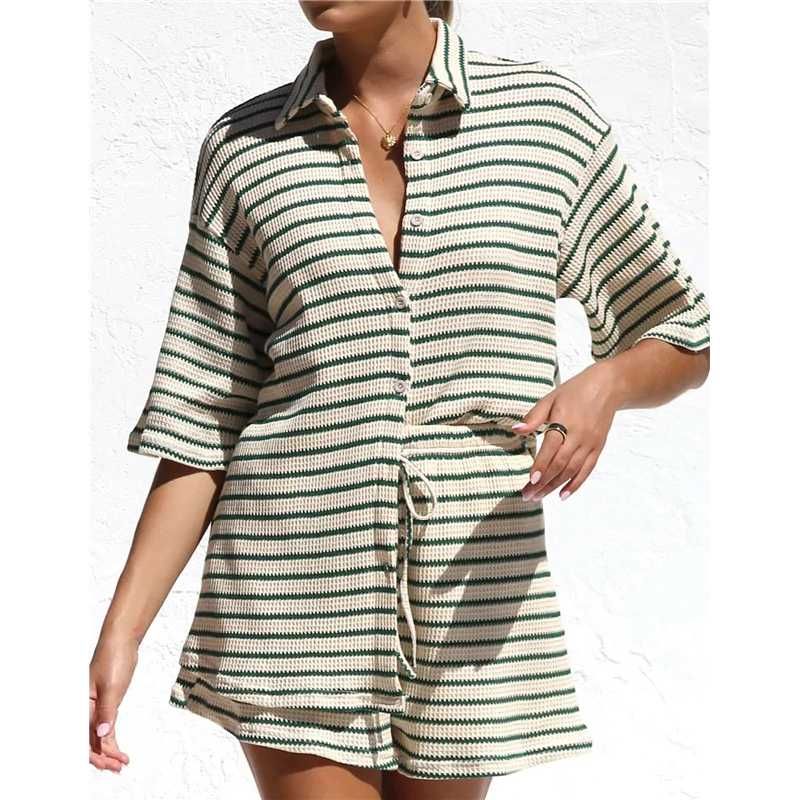 ABRT – Conjunto feminino de verão de algodão waffle listrado + shorts conjunto de duas peças