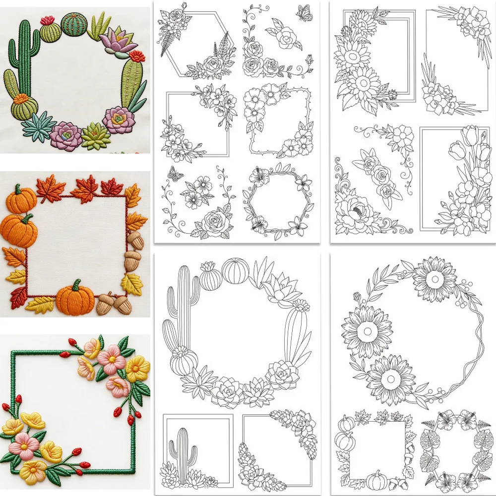 

Water Soluble Stick & Stitch Embroidery Paper, Pre-Printed Flower Wreaths Cactus Botanical Border Patterns for DIY Craft