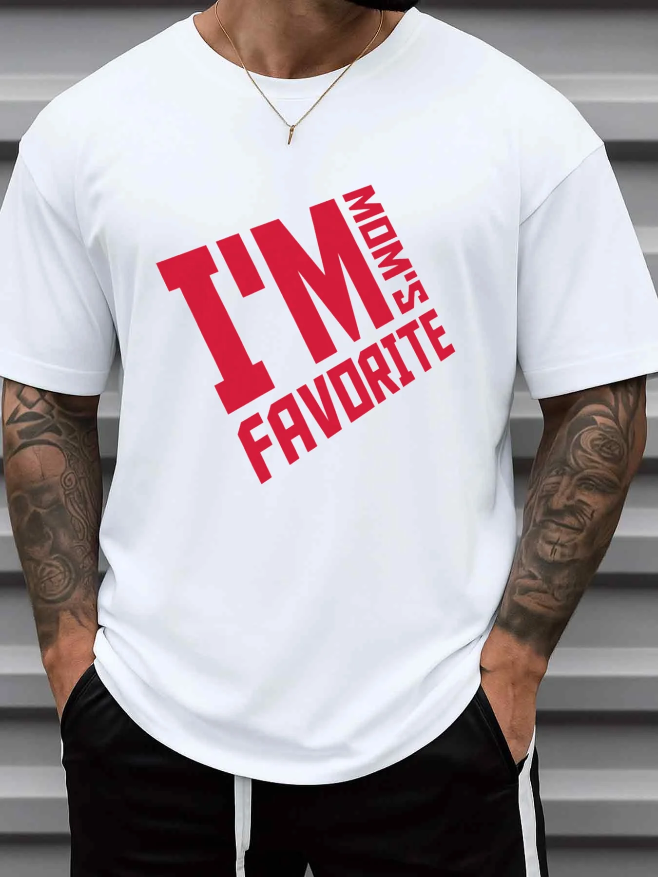 I Am the Most Beloved Humorous and Fun Printed T-Shirt by My Mother. Men's 180g Pure White Spring/Summer Clothing, Hip-Hop Street Style Regular Fit, Suitable for Casual Wear in All Seasons, Ideal for Gifting to Husband for New Year's