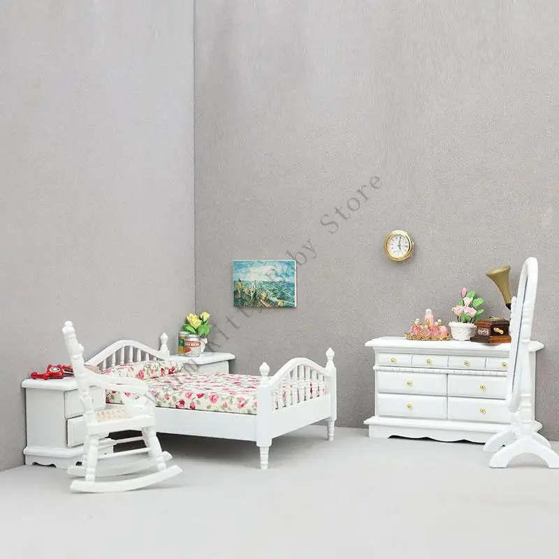 6 PCs 1:12 Scale Dollhouse Bedroom Furnitures Set Miniature Floral Bed Wardrobe Chair Dressing Mirror Cabinet Models