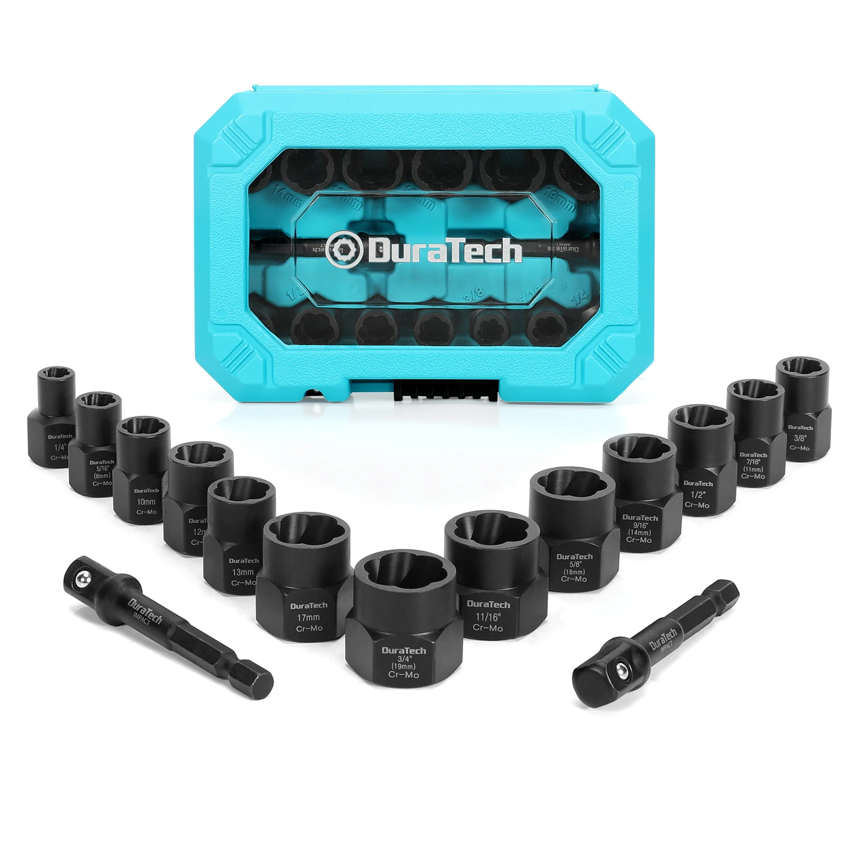 DURATECH 15PCS Impact Bolt&Nut Remover Set 3/8” Drive Bolt Extractor Socket Tool Set with 2 Hex Adapters Car Repair Tool