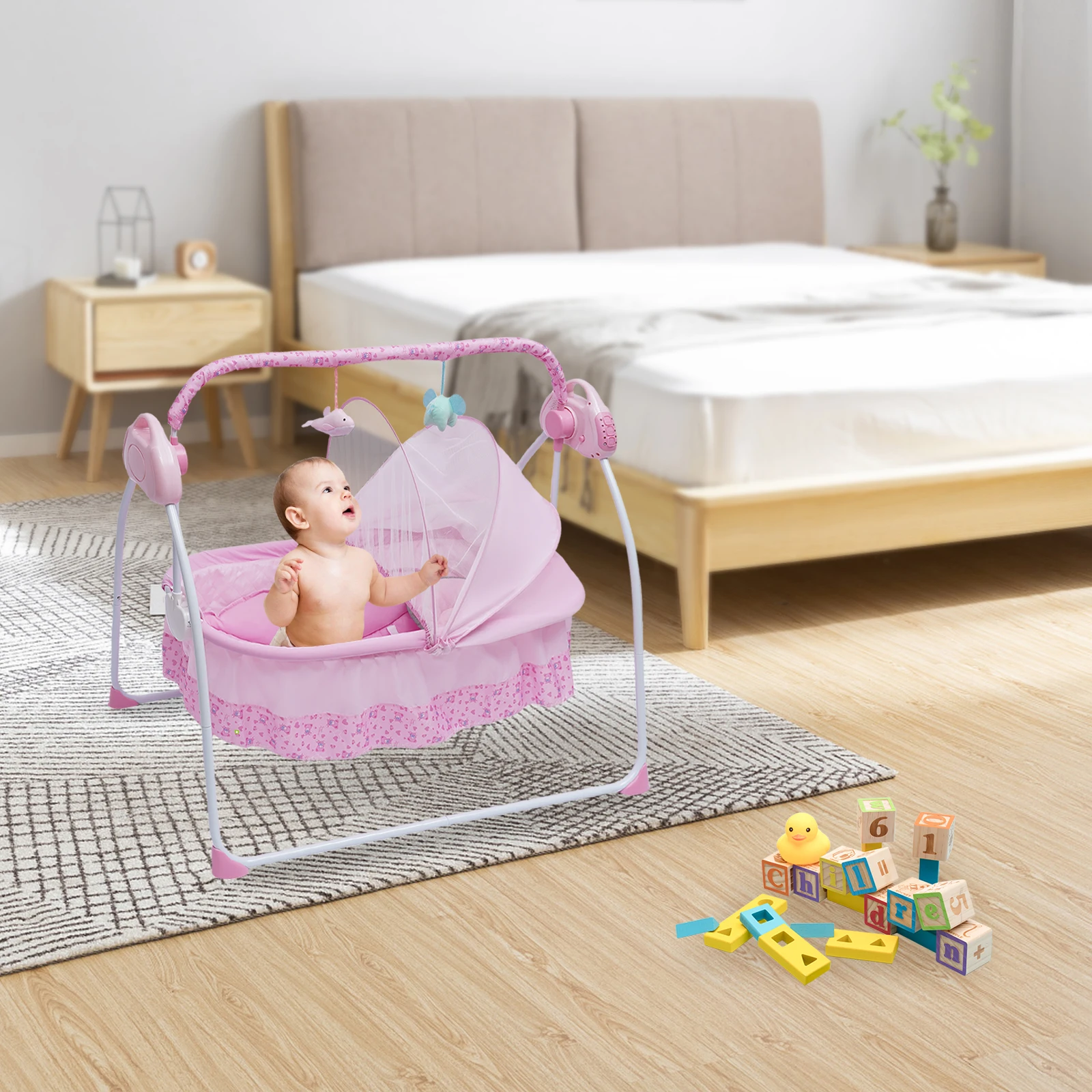 Electric Cradle Foldable Electric Baby Cradle w/ Music Dual Control, Mosquito Net & Swing,  Adjustable Rocking Bassinet