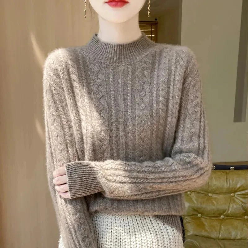 

Loose round Neck Twist Base Shirt Women's Top Half High Collar Hot Sale Of The Season Autumn Winter Thickened Pure Wool Soft