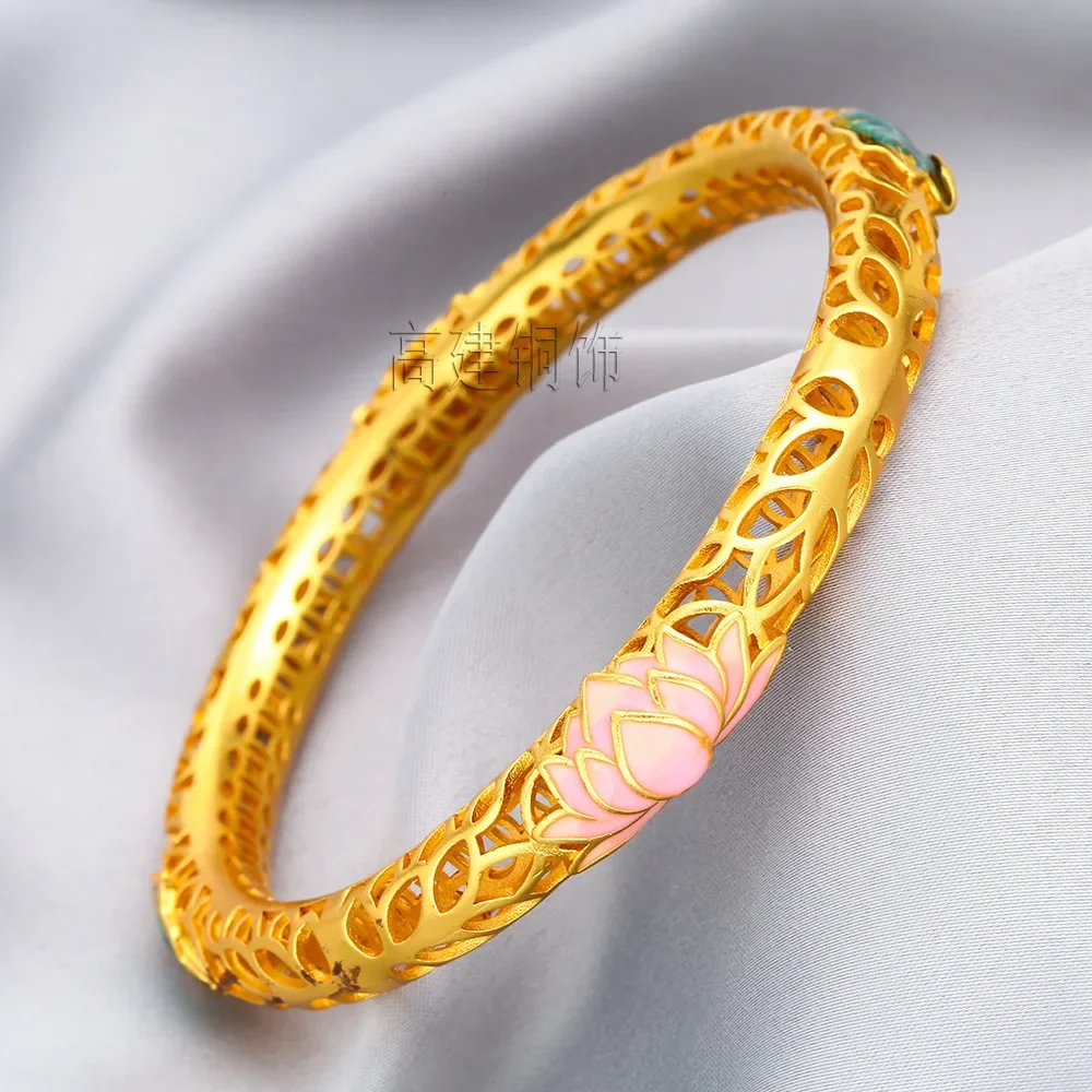 Fine gold AU999 bracelet enamel hollow lotus 24k real gold ethnic style trend wrist chain female hand jewelry