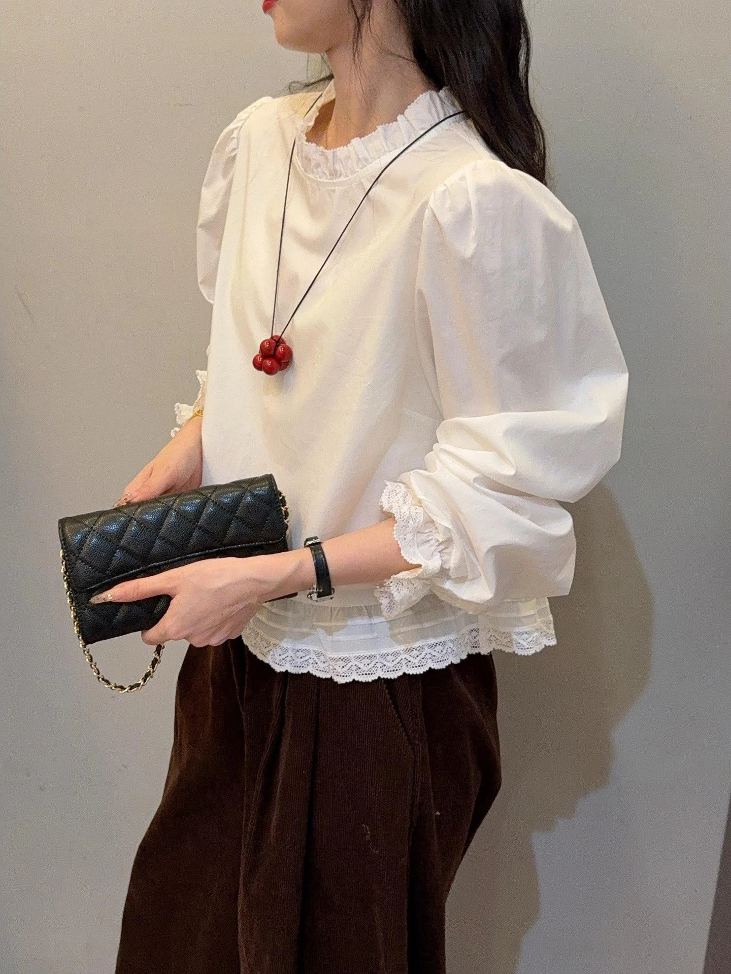 

Korean Sle Floral Patchwork Long Sve Women's irt Spring Autumn Inner Wear Beautiful Top Cotton Straight Cut Commu...