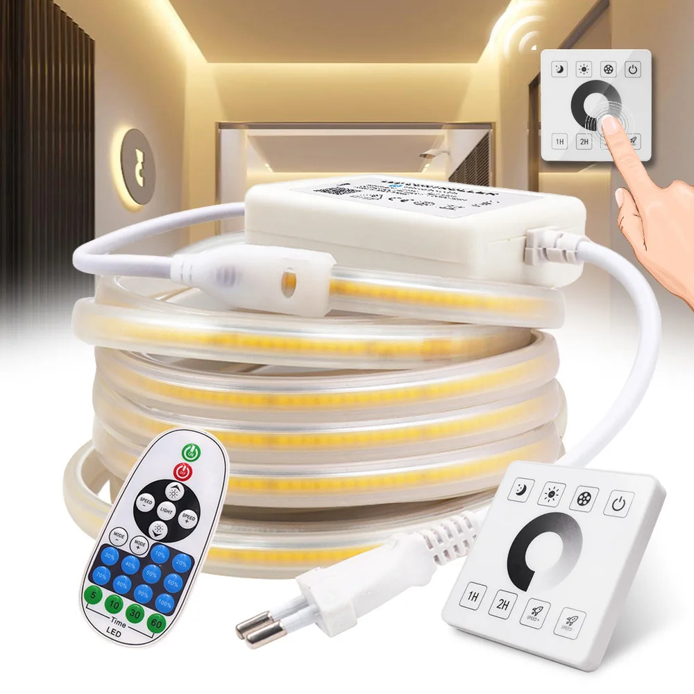 Dimmable COB LED Strip Light Wall Touch Switch 23key Remote 220V 110V Power Kit 288LED Flex Ribbon High Density Linear Lighting