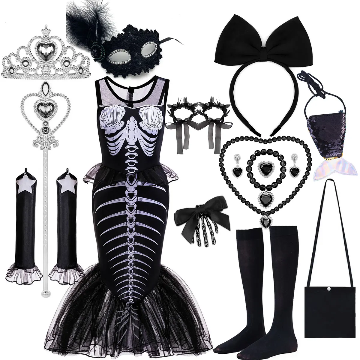 عيد الميلاد وعطلة الهالوين هيكل عظمي جديد ليتل ميرميد أسود بدون أكمام فستان الأميرة ارييل هيكل عظمي مجموعة فستان ذيل السمكة