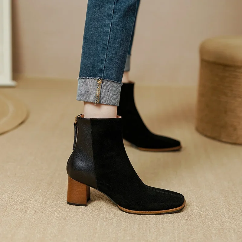 

Women Winter Kid Suede Cow Leather Patchwork Style High Heels Ankle Boots Ladies Square Toe Chunky Heel Back Zipper Modern Boots