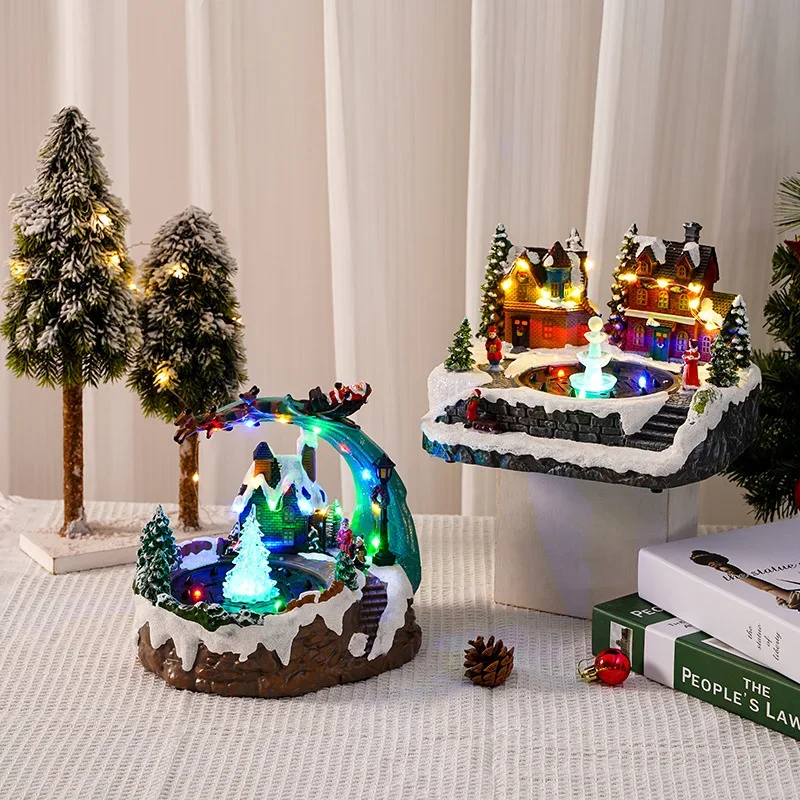 New Resin Fountain Shine Snow Scenery House Christmas Decorations Living Room Bedroom Creativity Festival Home Desktop Ornament