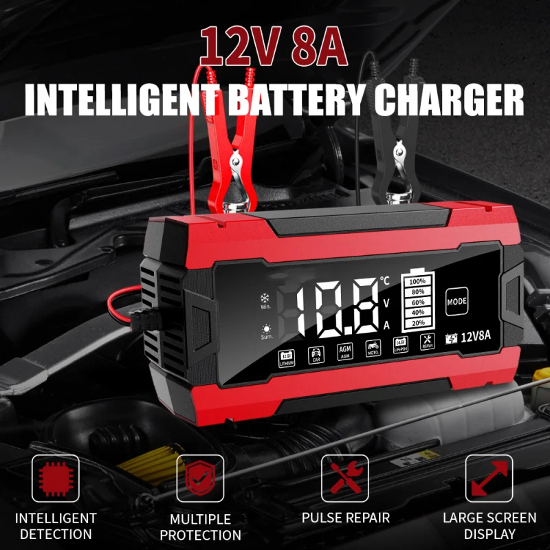 SWT-3820 12V8A Color Screen Car Battery Charger 8A 12V Car and Motorcycle Battery Charging Device Lead-acid Battery Sma