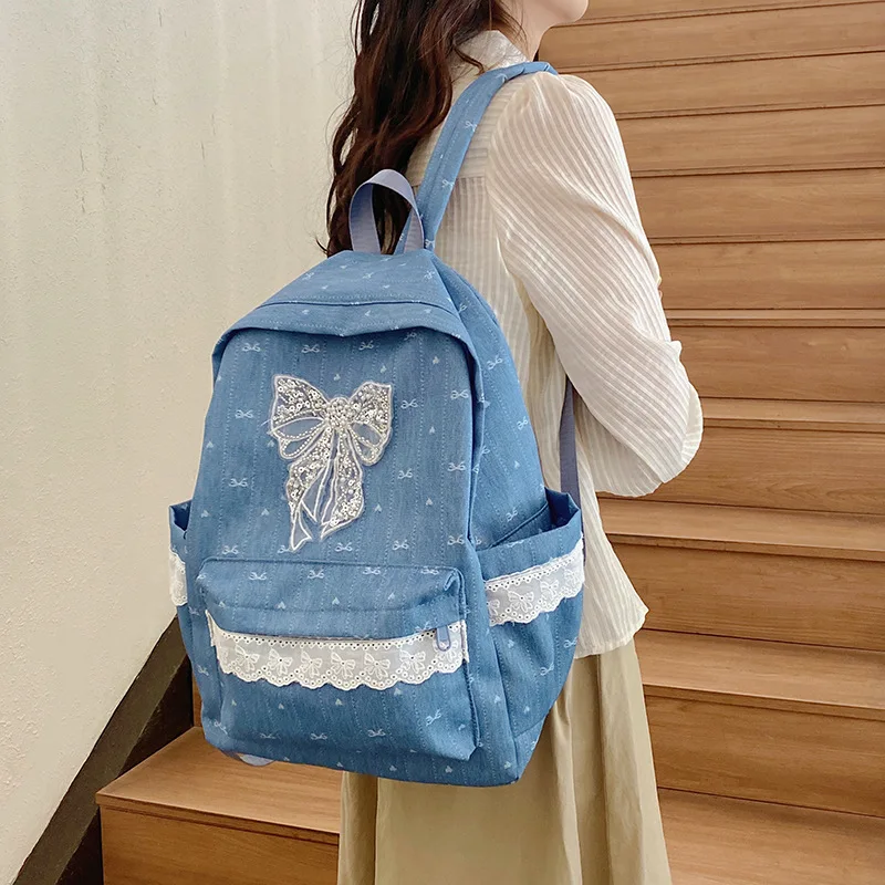 Backpack Foreign Trade New Large Capacity Niche Design Butterfly Knot Backpack Korean Version Middle School Student Backpack