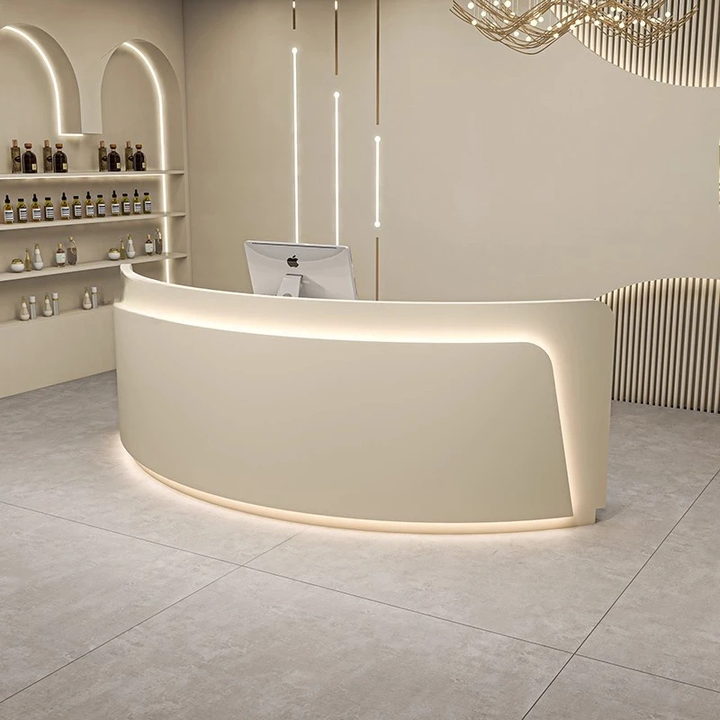 

Minimalist European Reception Desks Organizers Curved Luxury Aesthetic Reception Desks Led Lights Best Bureau Lounge Furniture