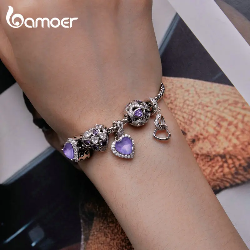 Bamoer 925 Sterling Silver Infinite Love Bead Purple Heart Zircon Charms for Women Bracelet and Necklace DIY Fine Jewelry image 2